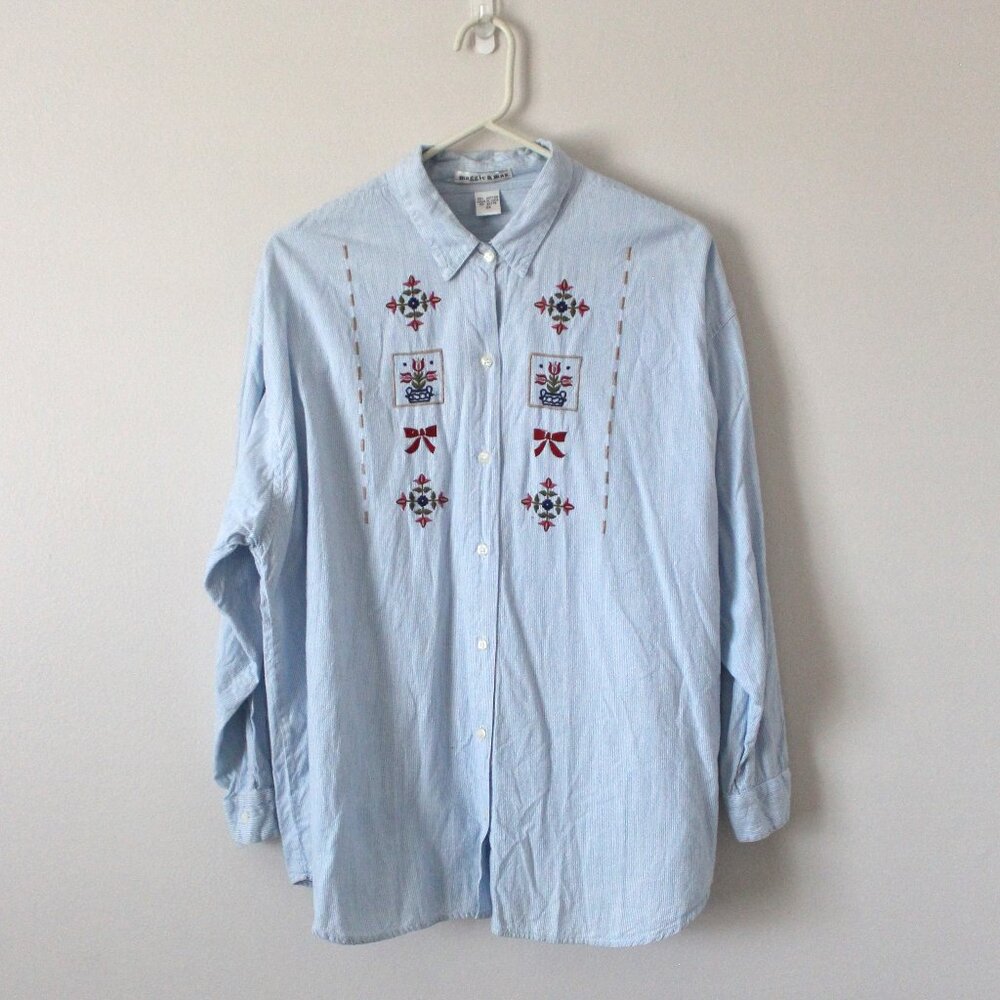 Maggie & Max Embroidered Striped Button Up
